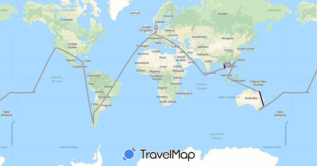 TravelMap itinerary: driving, plane, train, boat in Australia, Chile, China, Germany, Fiji, France, Laos, Sri Lanka, Maldives, Mexico, Singapore, Thailand, United States, Vietnam (Asia, Europe, North America, Oceania, South America)