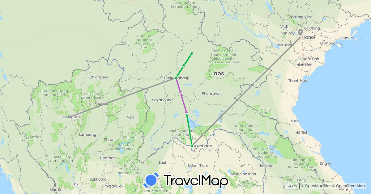 TravelMap itinerary: bus, plane, train in Laos, Thailand, Vietnam (Asia)