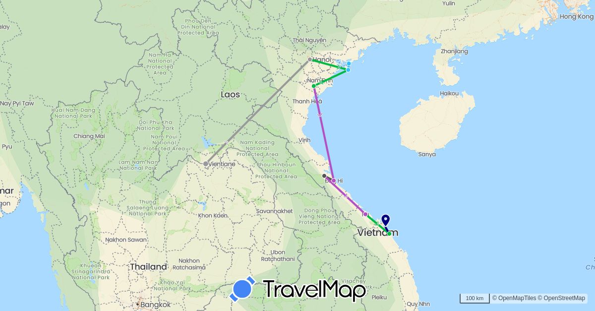 TravelMap itinerary: driving, bus, plane, train, boat, motorbike in Laos, Vietnam (Asia)